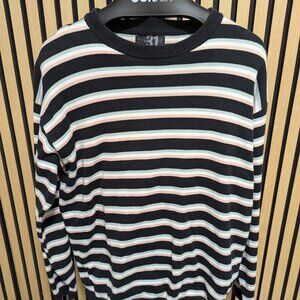 LE31 Black, White, Mint & Pink Striped Crewneck Sweater – Size M